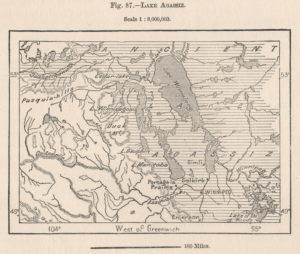 Lake Agassiz. Ancient Glacial Lake. Canada 1885 old antique map plan chart